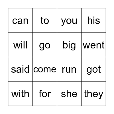 Sight Words Bingo Card