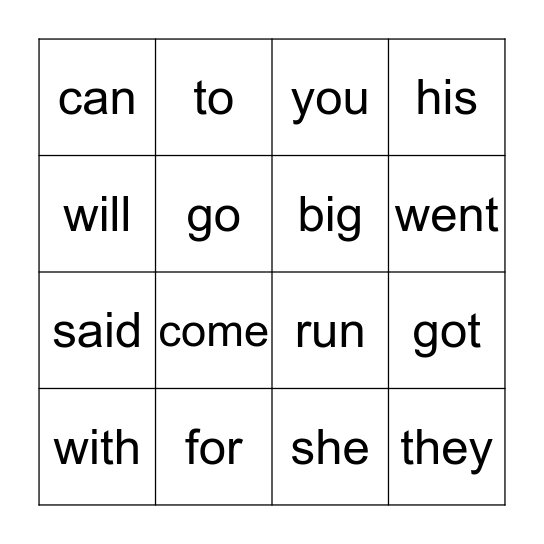 Sight Words Bingo Card