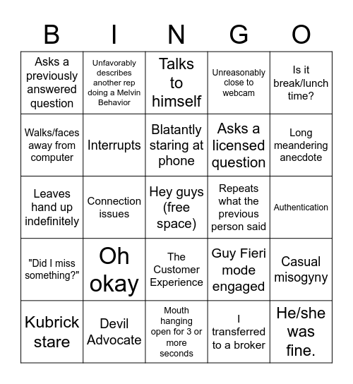 Melvin Bingo Card