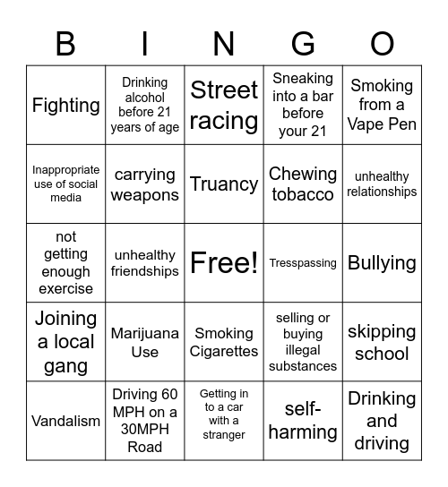 Risky Behaviors In Teens Bingo Card