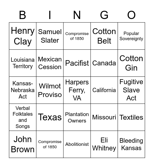 Civil War Prequel Bingo Card