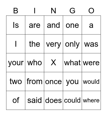 Sight Words Bingo Card