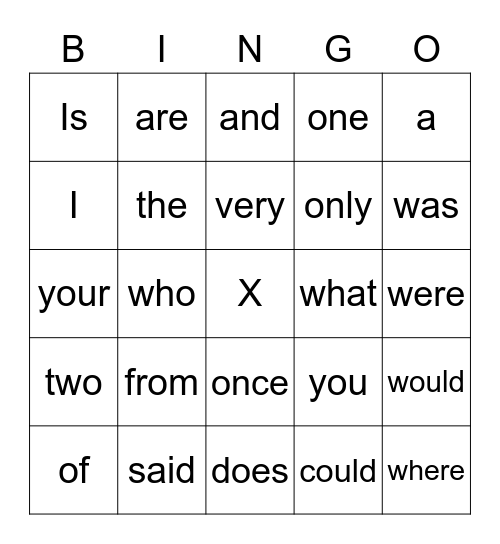 Sight Words Bingo Card