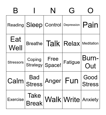 Stress Management Bingo Card