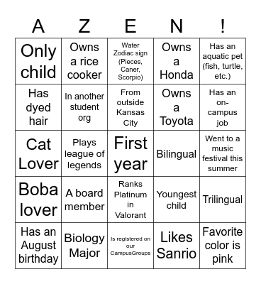 Speed Friending Bingo Card