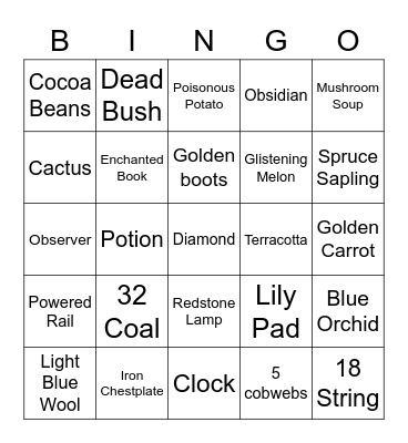 Minecraft Item Hunt Bingo Card