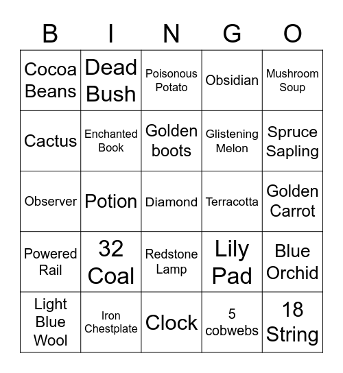 Minecraft Item Hunt Bingo Card