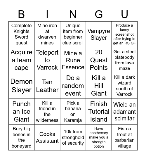 OSRS Noob Bungo Bingo Card