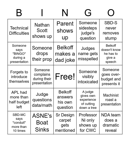 Senior Design Day Bingo Card