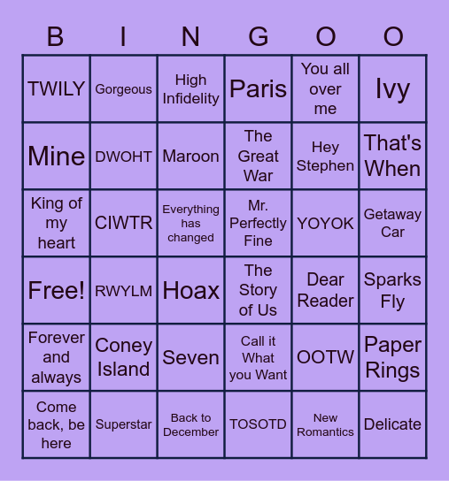 Surprise Song! Bingo Card
