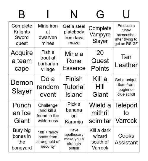 OSRS Noob Bungo Bingo Card