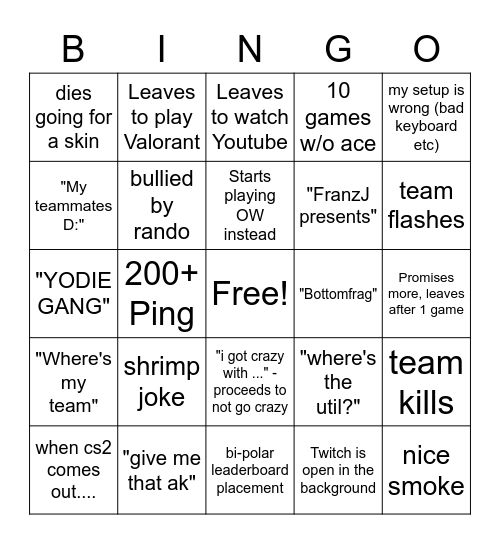 Friendly CSGO Bingo Card