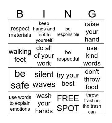 Expectations for Behavior Bingo Card