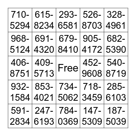 A What's your phone number? B My phone number is _____. Bingo Card