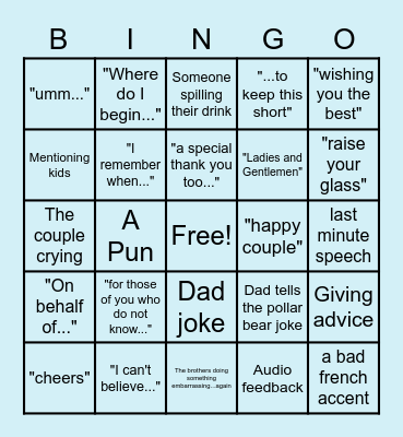 Wedding Speech Bingo Card