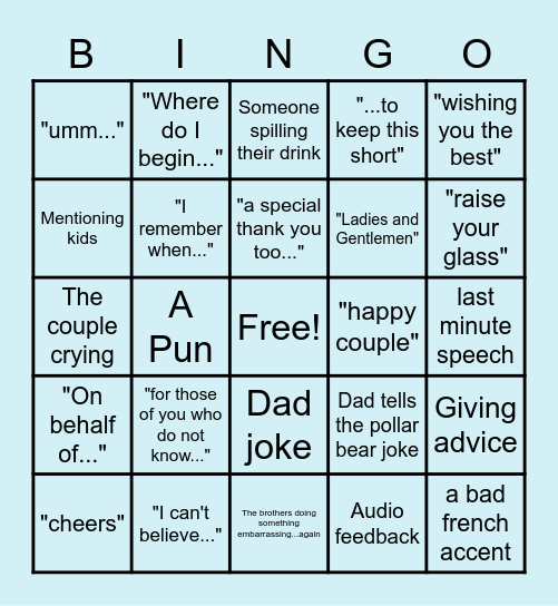 Wedding Speech Bingo Card