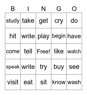 Verbs & Past Tense Bingo Card