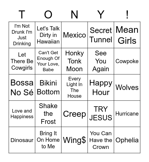 Tony's Tones Bingo Card