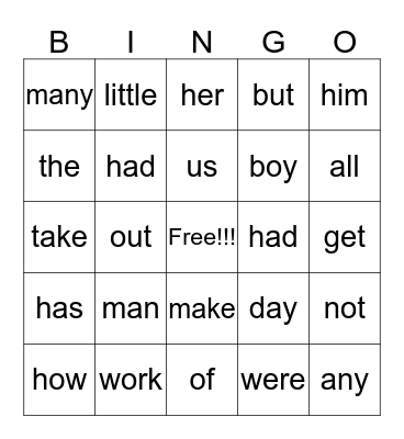 Sight Word Bingo Card