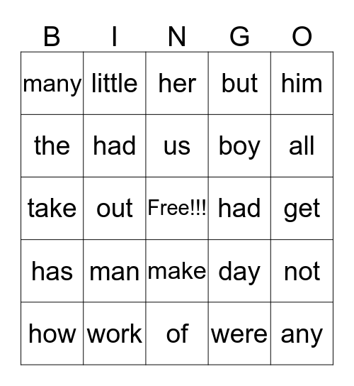 Sight Word Bingo Card