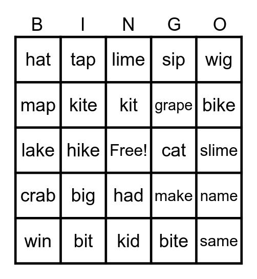 Long i, Short i, Long a, Short a Bingo Card