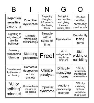 ADHD Group Therapy Bingo Card