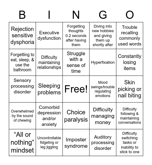 ADHD Group Therapy Bingo Card