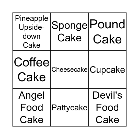 Cake Bingo Card