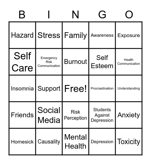 Students Against Depression Bingo Card