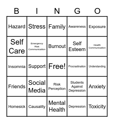 Students Against Depression Bingo Card