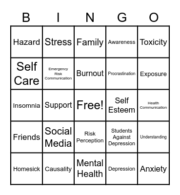 Students Against Depression Bingo Card