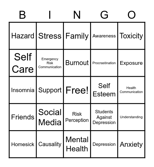 Students Against Depression Bingo Card