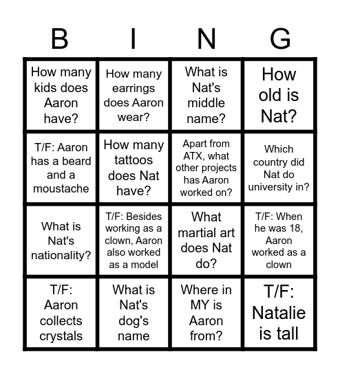 Nat and Aaron BINGO Card