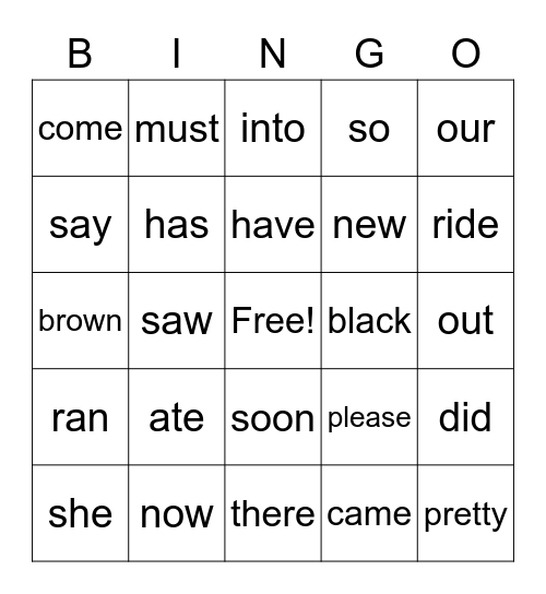 Sight Words Bingo L2 Bingo Card
