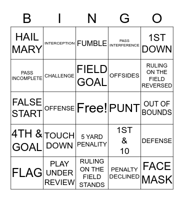 Super Bowl Bingo Card