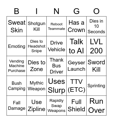 Fortnut Bingo Card