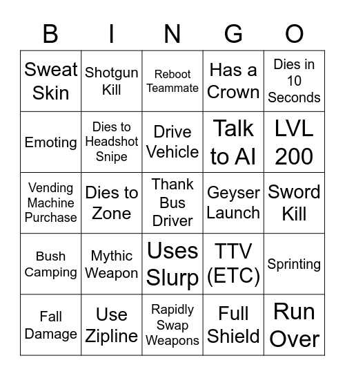 Fortnut Bingo Card