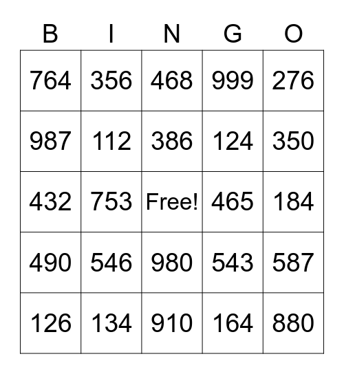 Hundred place value Bingo Card