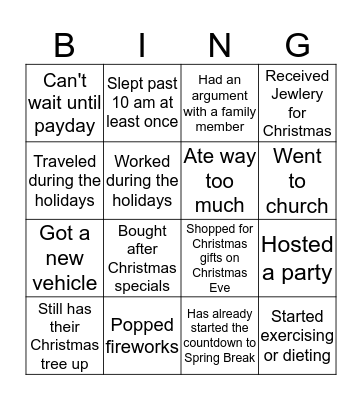 Post Christmas Holiday Bingo Card