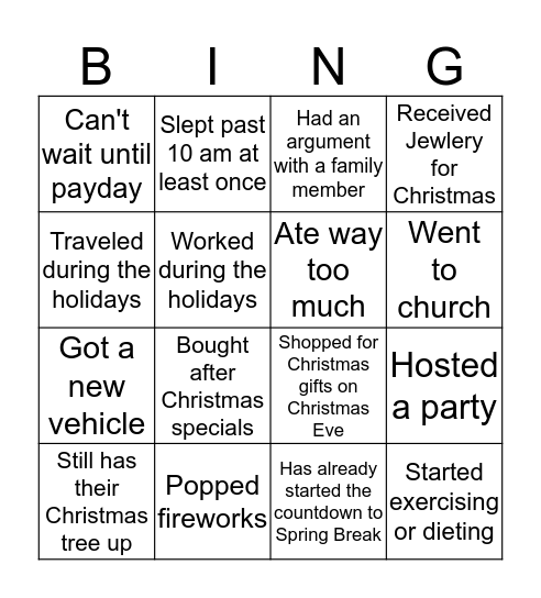 Post Christmas Holiday Bingo Card