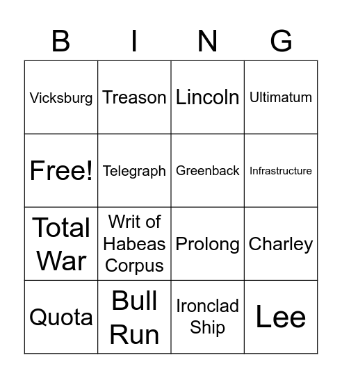 Civil War Review Bingo Card