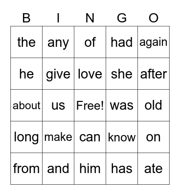 1st grade sight words Bingo Card