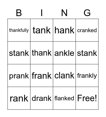 Ank Word Family Bingo Card