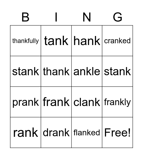 Ank Word Family Bingo Card