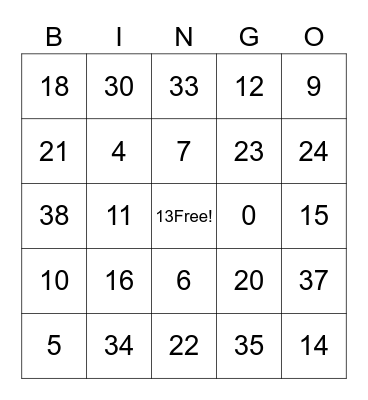 Los numeros 0-39 Bingo Card