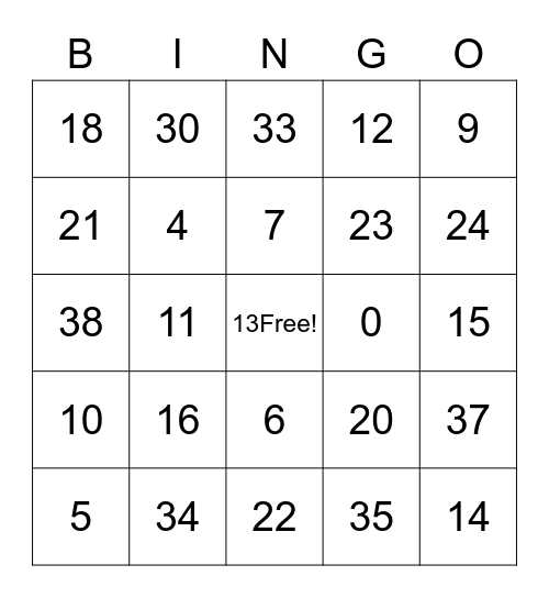 Los numeros 0-39 Bingo Card
