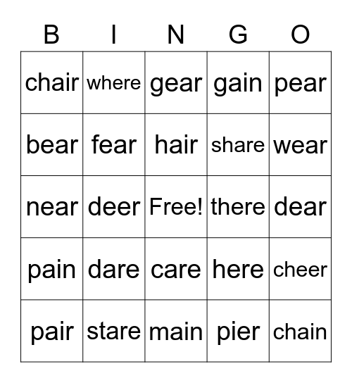 spelling words Bingo Card