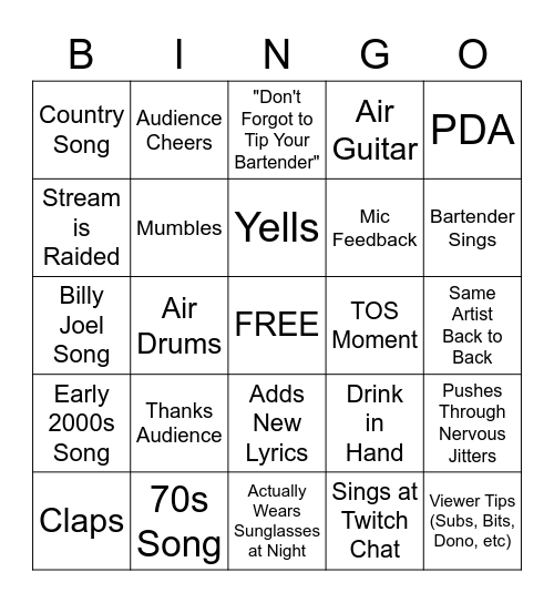 Pork's Karaoke Bingo Card
