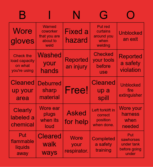 SSWI Safety Bingo Card