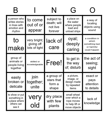 Unit 1-3 Vocabulary Bingo Card